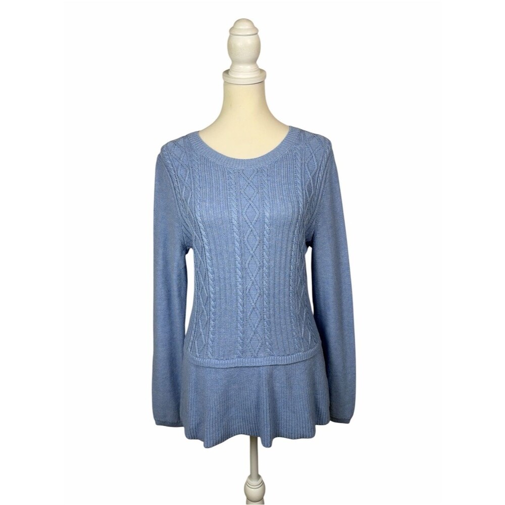 Talbots Cable Knit Sweater Women’s Med Light Blue Cashmere Blend Peplum Pullover